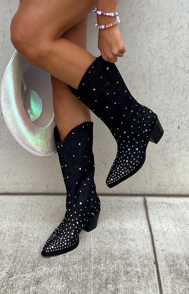 Billini Deniz Black Denim Cowboy Boots-Vavasi.All Rights Reserved.