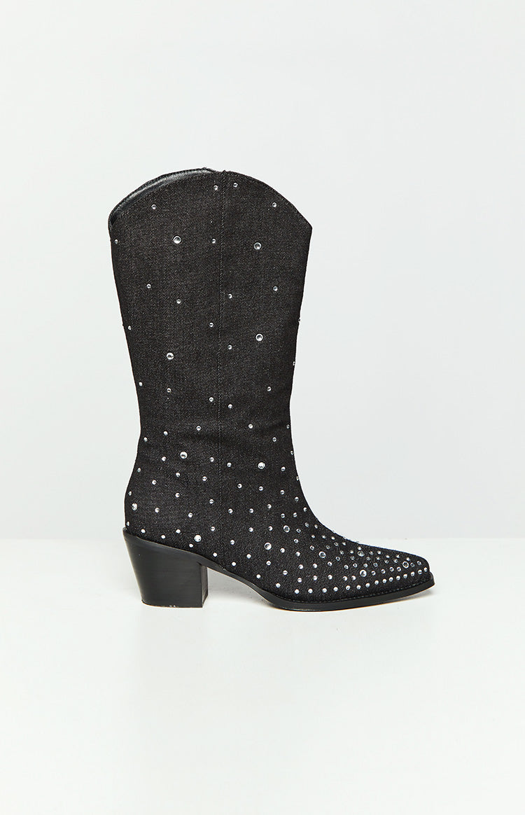 Billini Deniz Black Denim Cowboy Boots-Vavasi.All Rights Reserved.