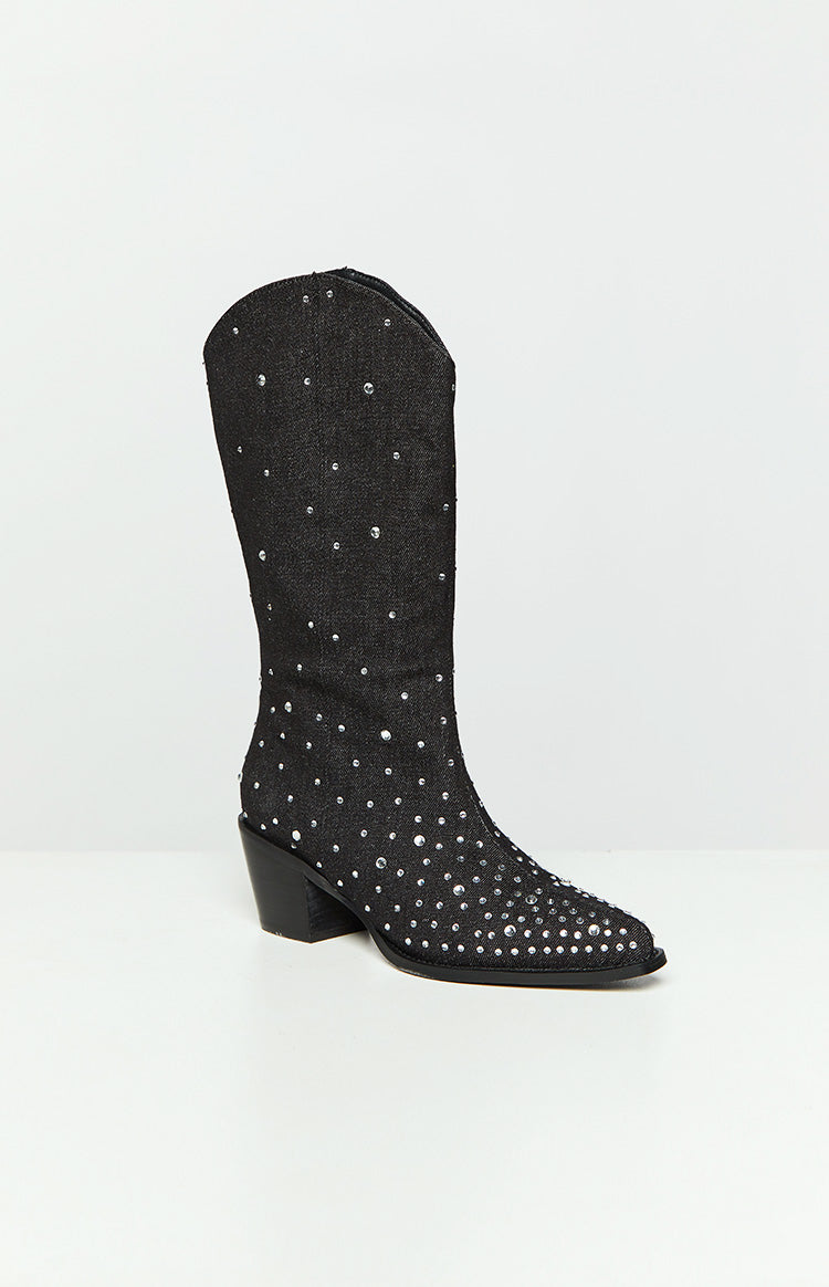 Billini Deniz Black Denim Cowboy Boots-Vavasi.All Rights Reserved.