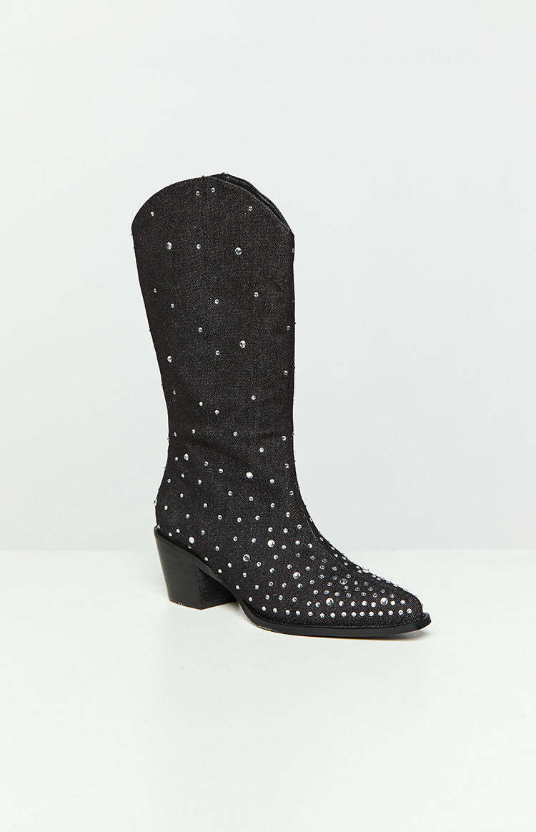 Billini Deniz Black Denim Cowboy Boots-Vavasi.All Rights Reserved.