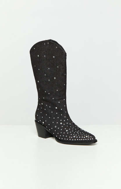 Billini Deniz Black Denim Cowboy Boots-Vavasi.All Rights Reserved.