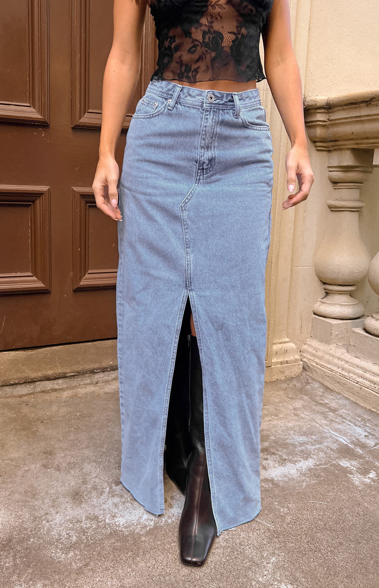 Blinding Lights Blue Denim Front Split Maxi Skirt-Vavasi.All Rights Reserved.