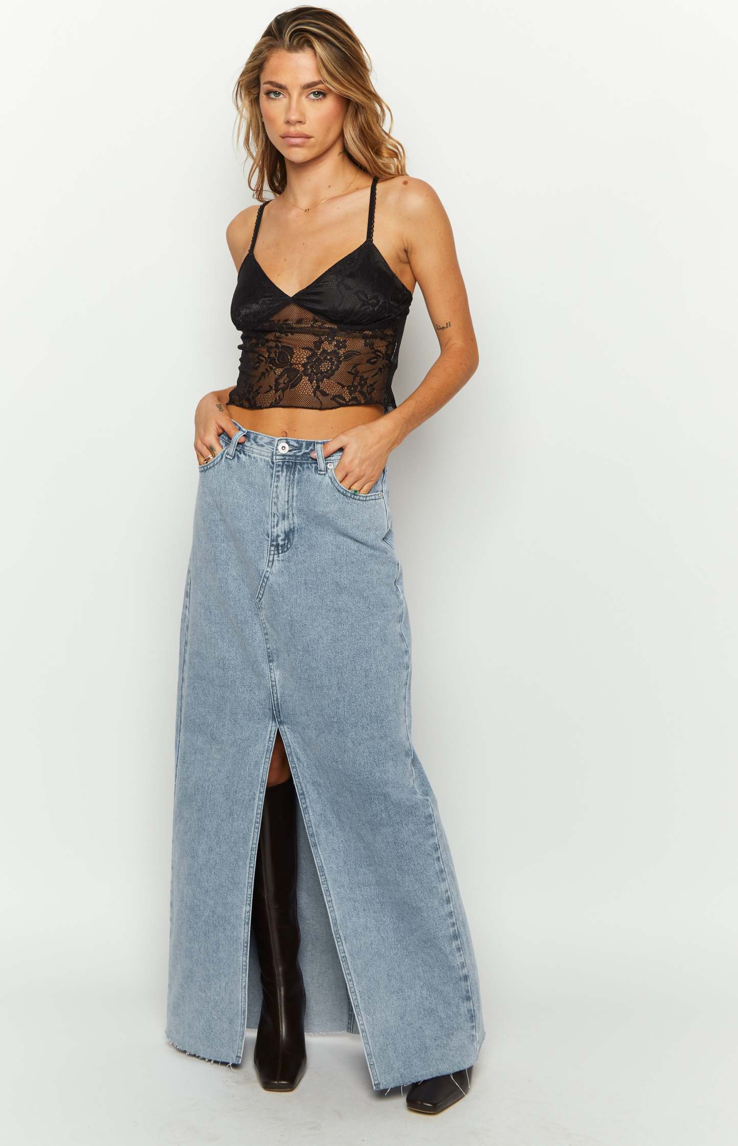Blinding Lights Blue Denim Front Split Maxi Skirt-Vavasi.All Rights Reserved.