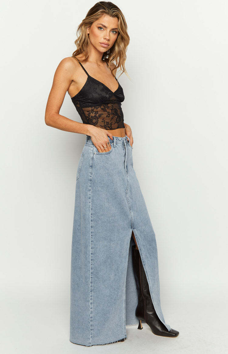 Blinding Lights Blue Denim Front Split Maxi Skirt-Vavasi.All Rights Reserved.