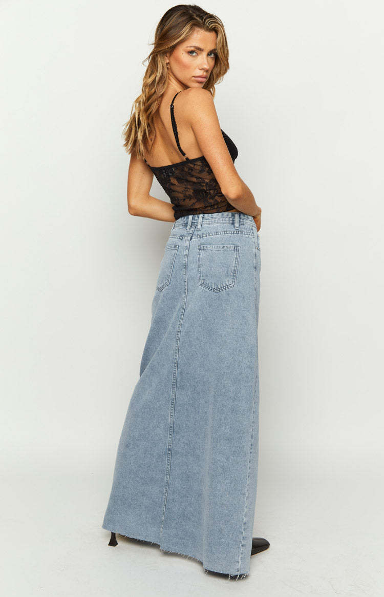 Blinding Lights Blue Denim Front Split Maxi Skirt-Vavasi.All Rights Reserved.