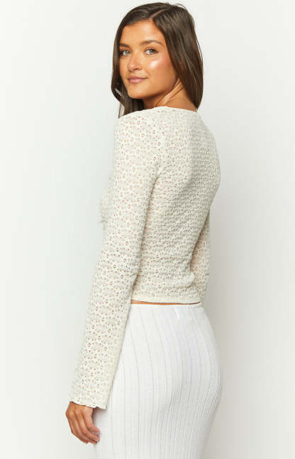 Blossom Breeze White Knit Long Sleeve Top-Vavasi.All Rights Reserved.
