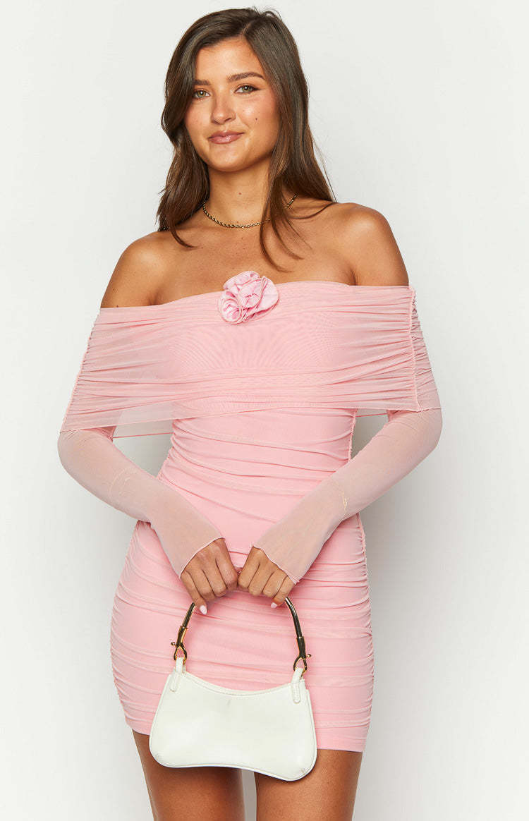 Bree Pink Mesh Long Sleeve Mini Dress-Vavasi.All Rights Reserved.