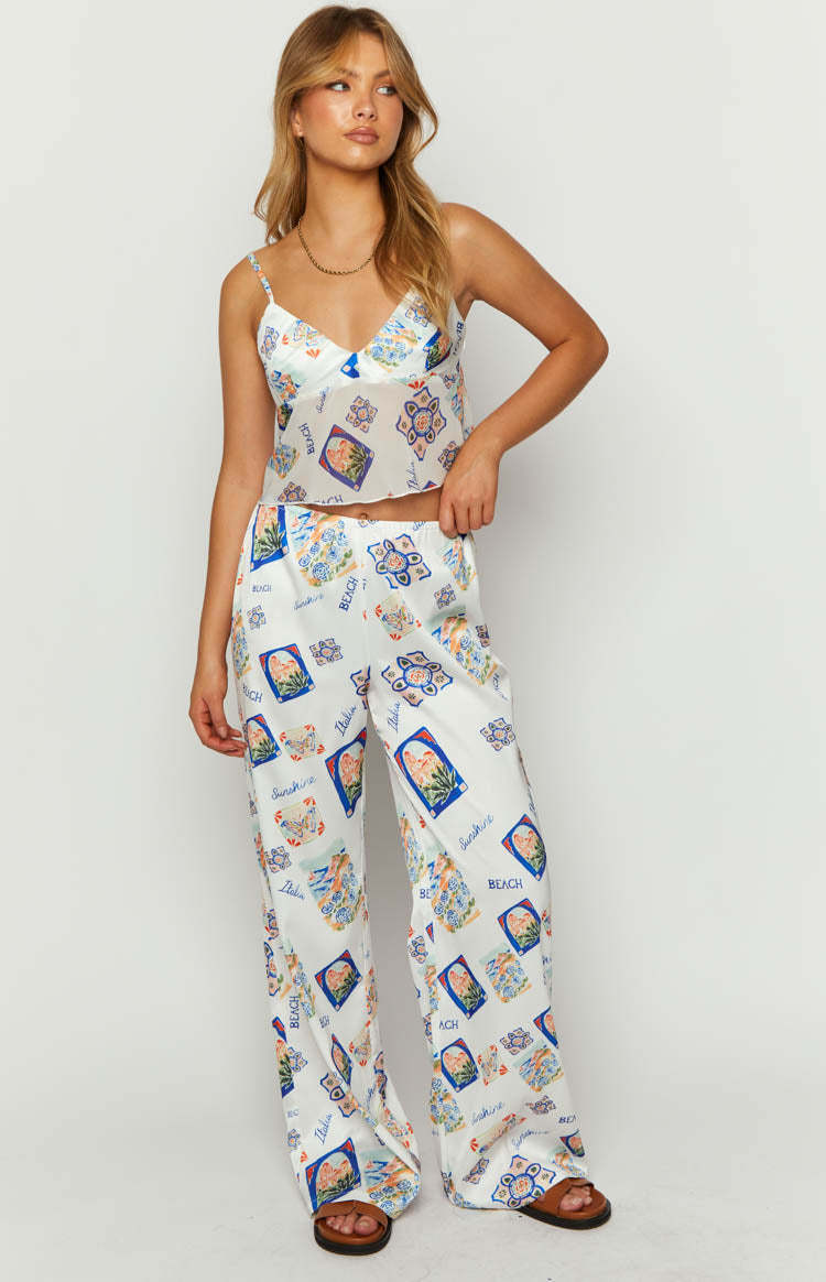 Bridget White Satin Italia Print Pants-Vavasi.All Rights Reserved.