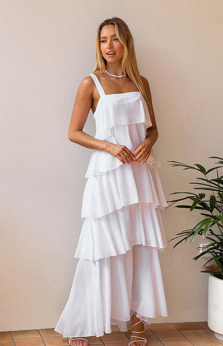 Brielle White Layered Frill Maxi Dress-Vavasi.All Rights Reserved.