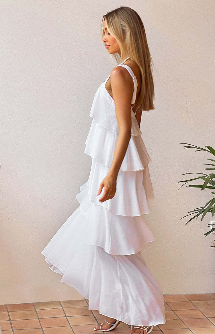 Brielle White Layered Frill Maxi Dress-Vavasi.All Rights Reserved.