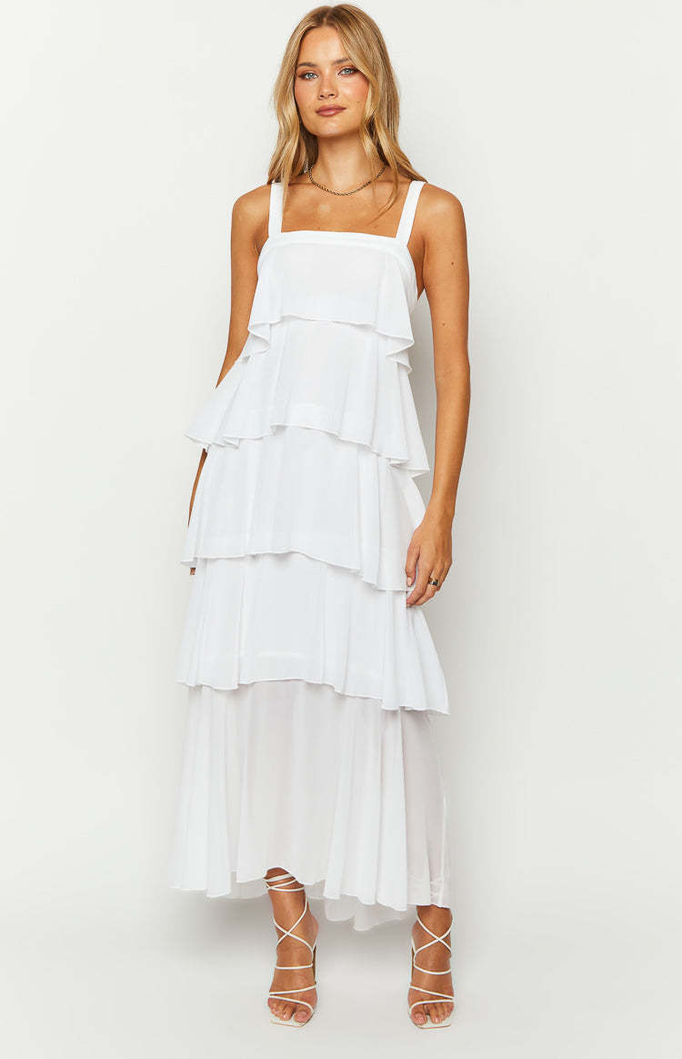 Brielle White Layered Frill Maxi Dress-Vavasi.All Rights Reserved.