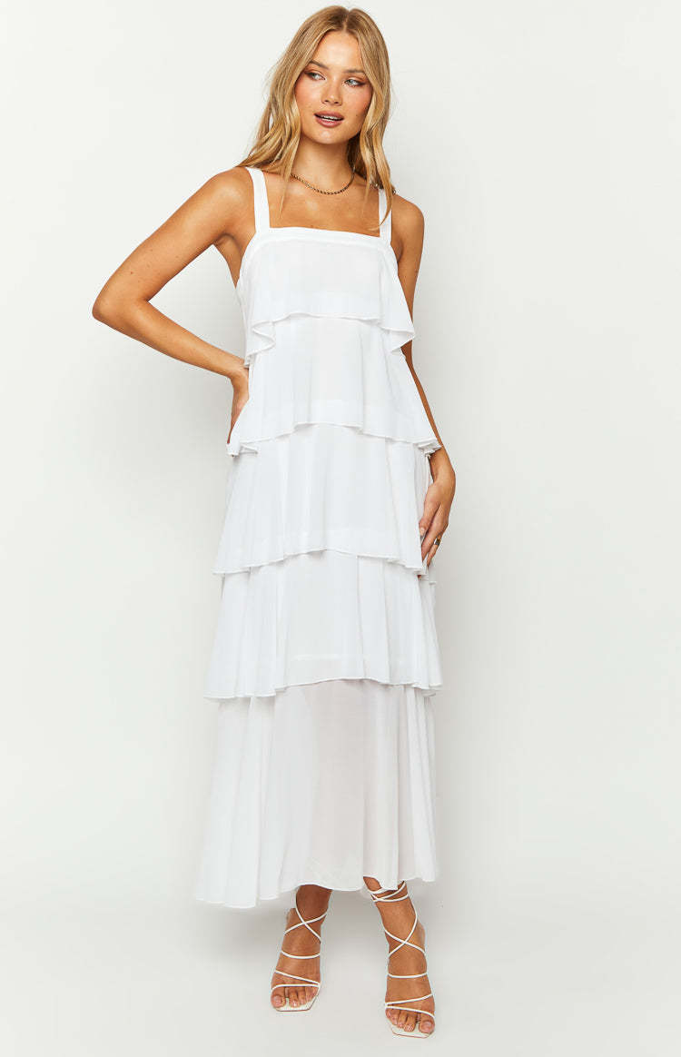 Brielle White Layered Frill Maxi Dress-Vavasi.All Rights Reserved.