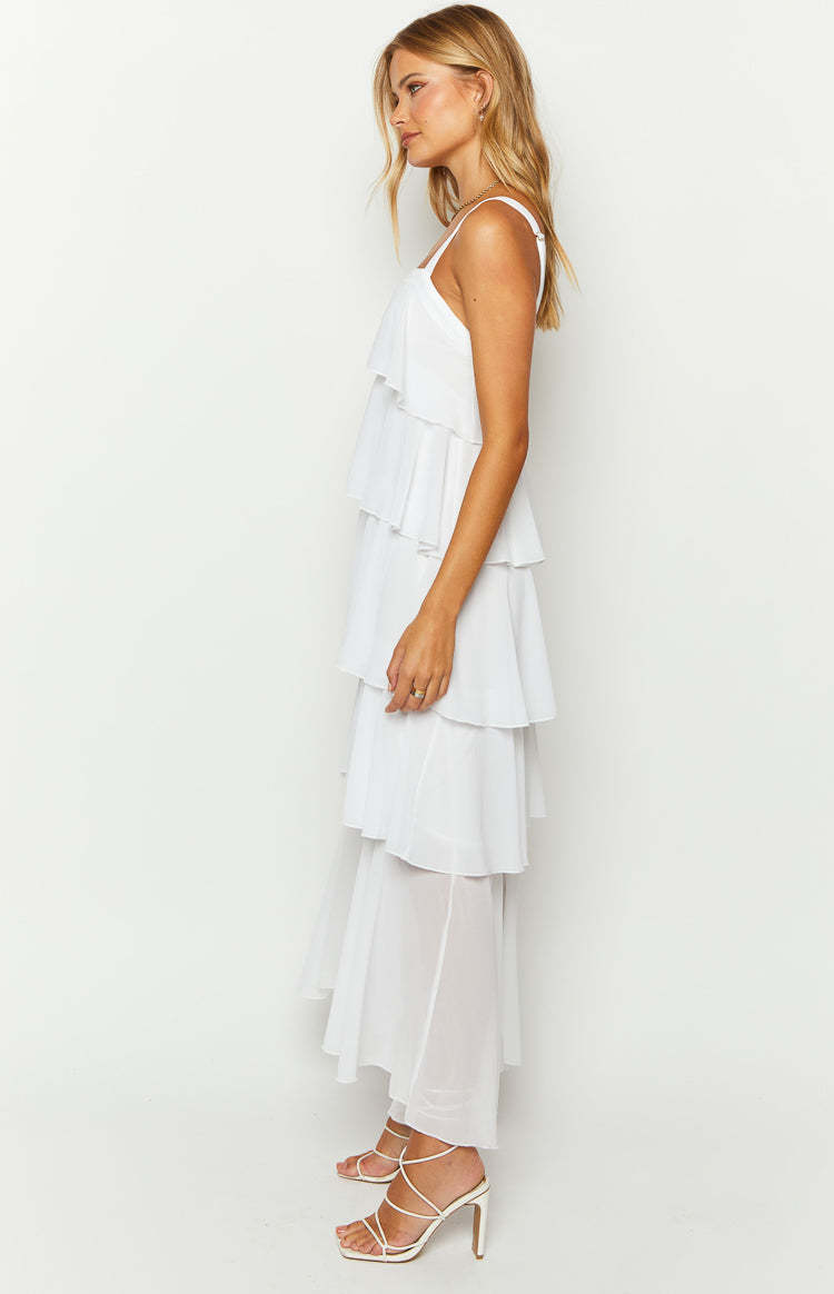 Brielle White Layered Frill Maxi Dress-Vavasi.All Rights Reserved.
