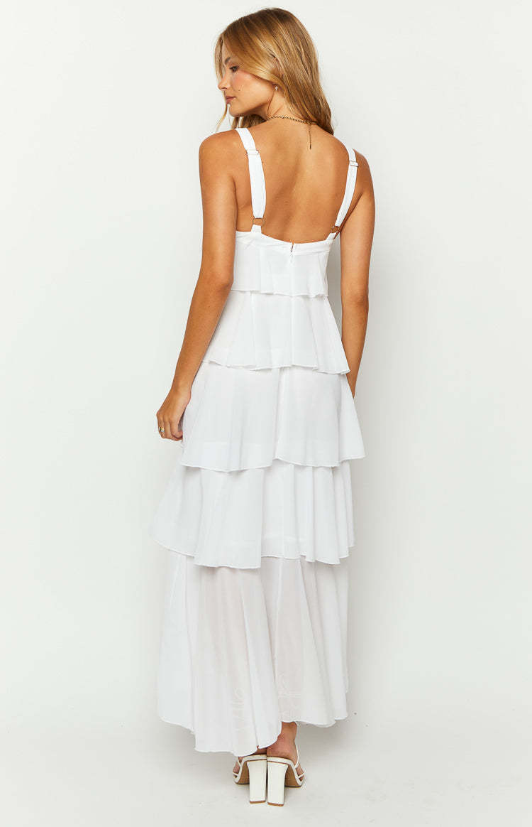 Brielle White Layered Frill Maxi Dress-Vavasi.All Rights Reserved.