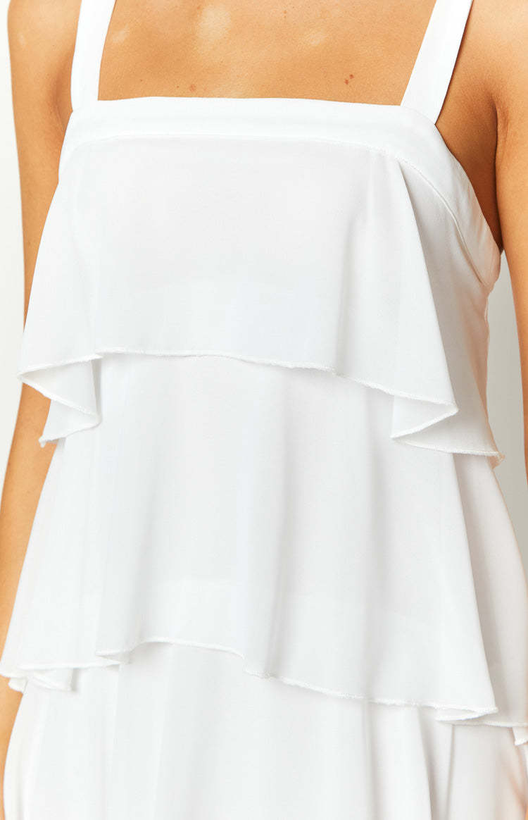 Brielle White Layered Frill Maxi Dress-Vavasi.All Rights Reserved.