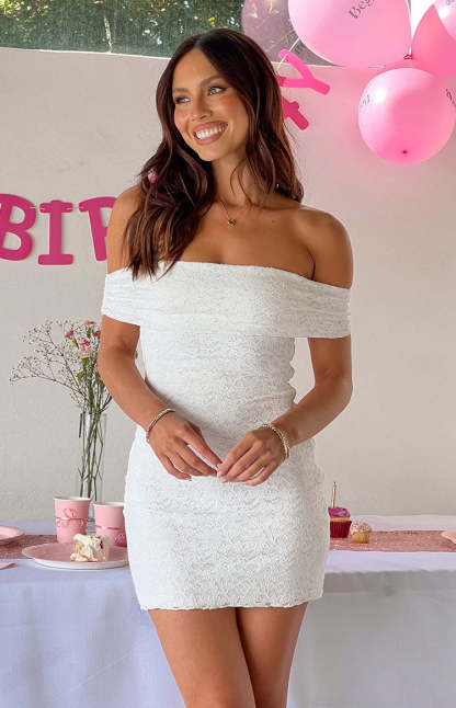 Britney White Lace Off The Shoulder Mini Dress-Vavasi.All Rights Reserved.