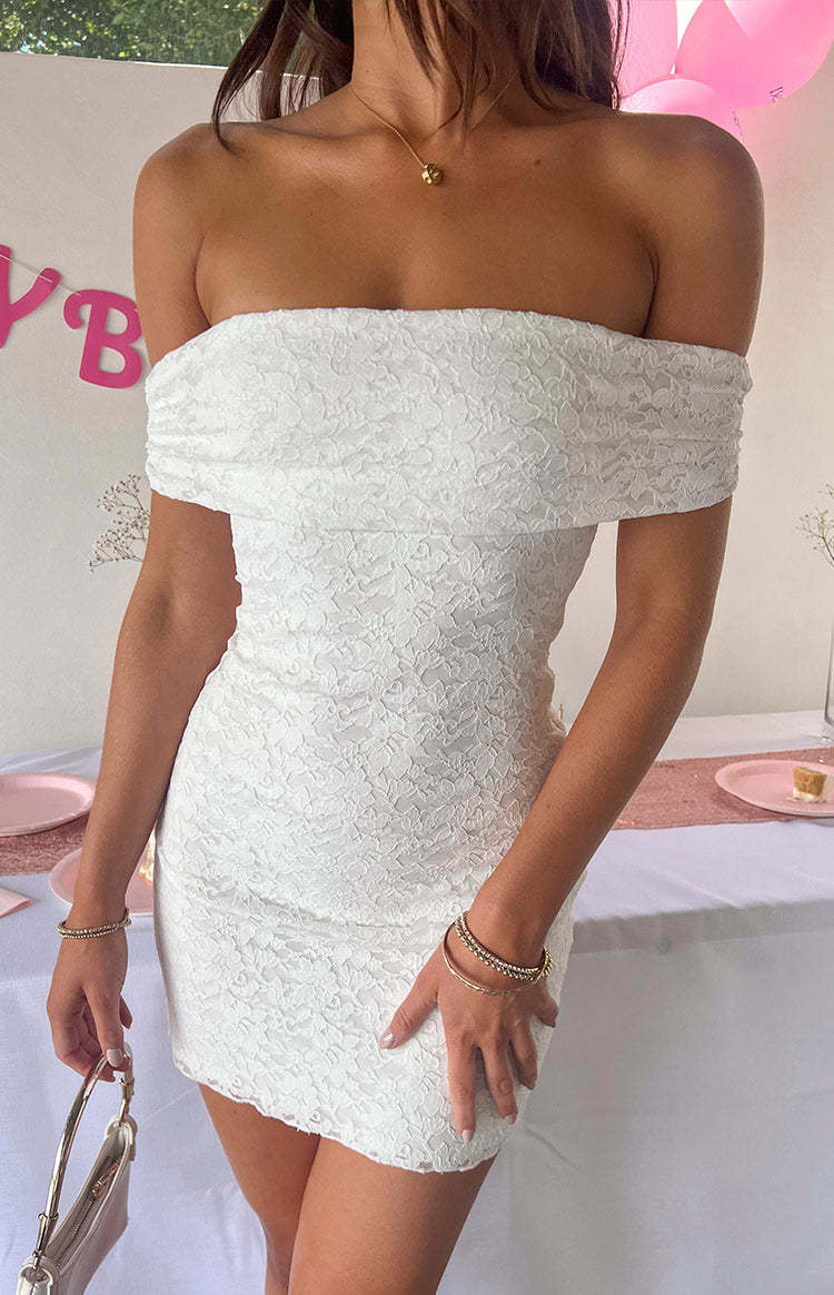 Britney White Lace Off The Shoulder Mini Dress-Vavasi.All Rights Reserved.