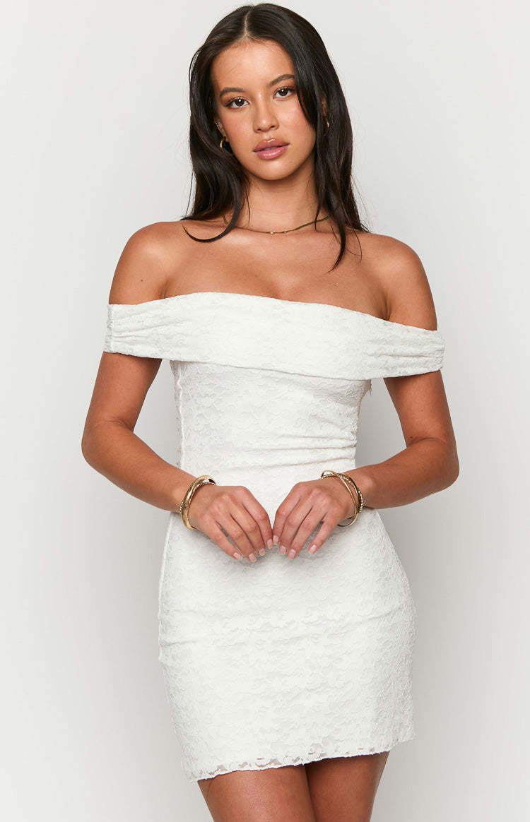 Britney White Lace Off The Shoulder Mini Dress-Vavasi.All Rights Reserved.
