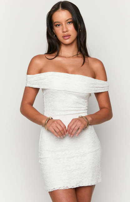 Britney White Lace Off The Shoulder Mini Dress-Vavasi.All Rights Reserved.