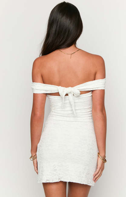 Britney White Lace Off The Shoulder Mini Dress-Vavasi.All Rights Reserved.