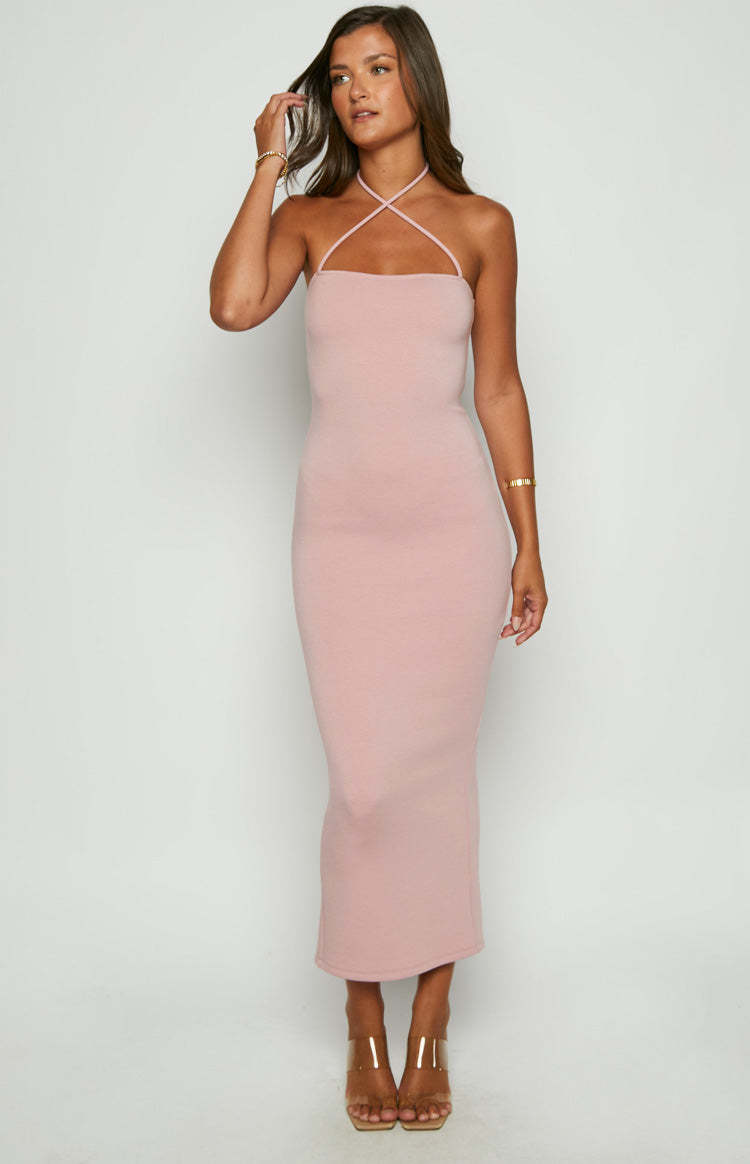 Brynlee Pink Halter Midi Dress-Vavasi.All Rights Reserved.