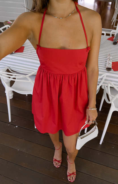 Carter Red Halter Mini Dress-Vavasi.All Rights Reserved.