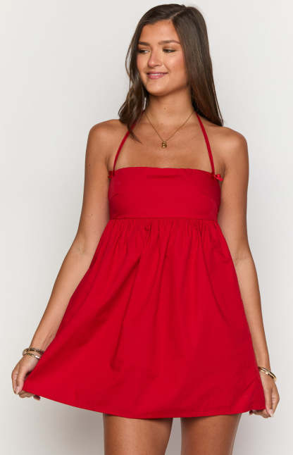 Carter Red Halter Mini Dress-Vavasi.All Rights Reserved.