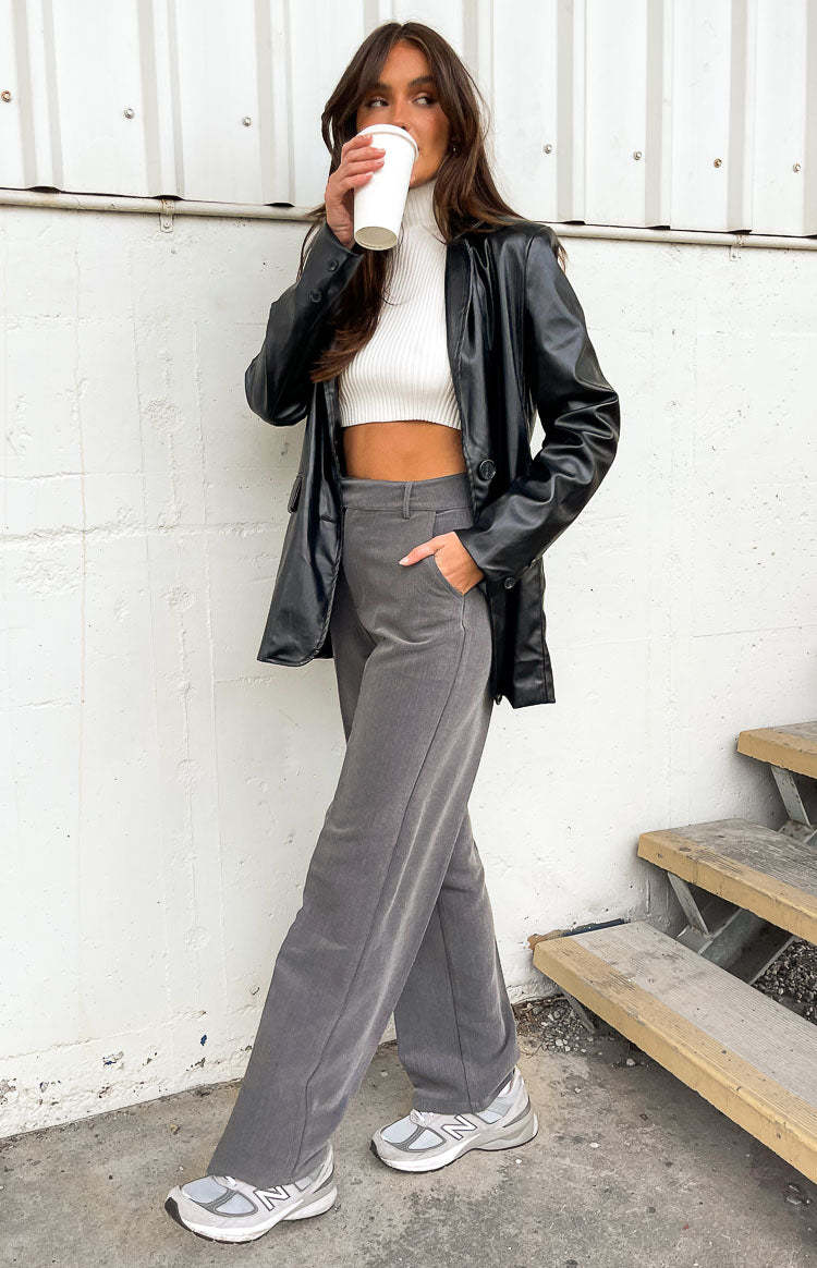 Cabo Grey Straight Leg High Waisted Tailored Pant-Vavasi.All Rights Reserved.