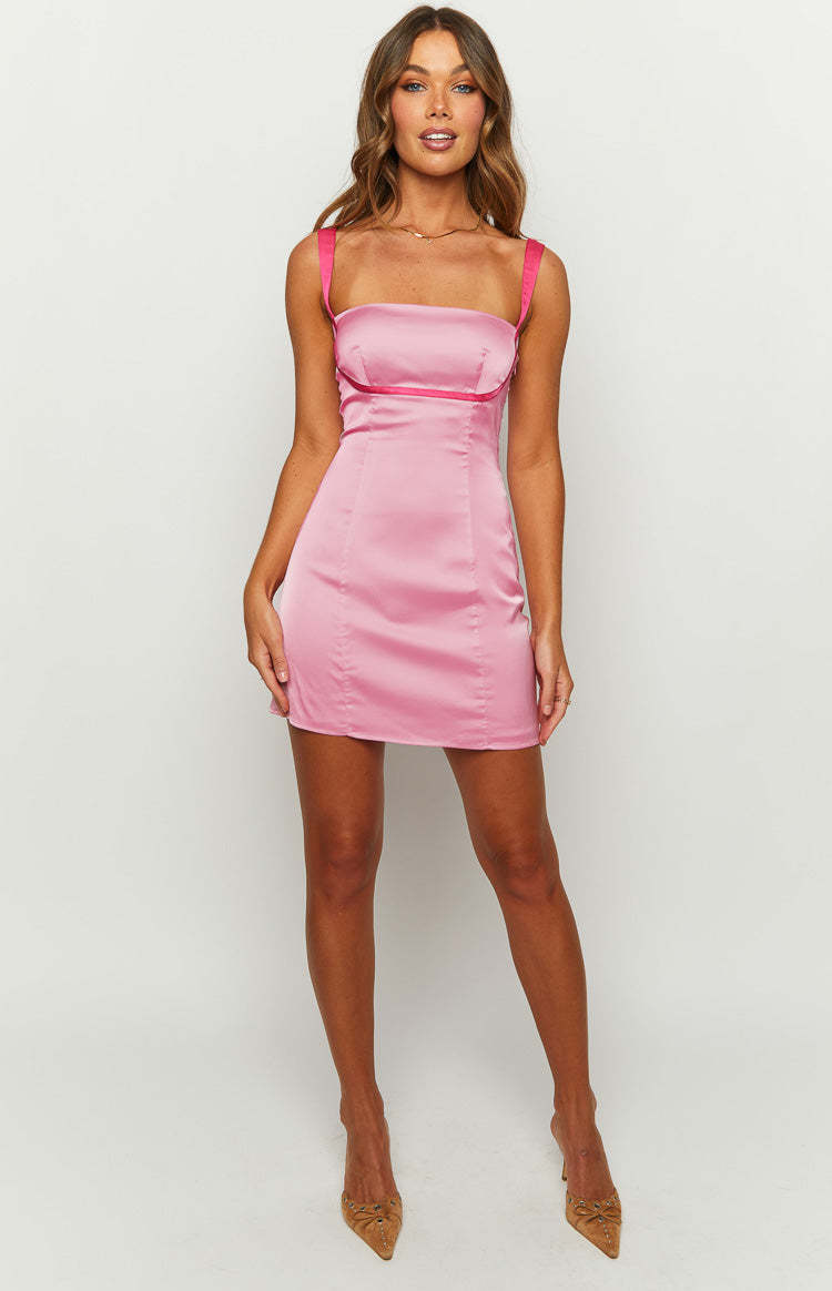 California Pink Satin Contrast Mini Dress-Vavasi.All Rights Reserved.