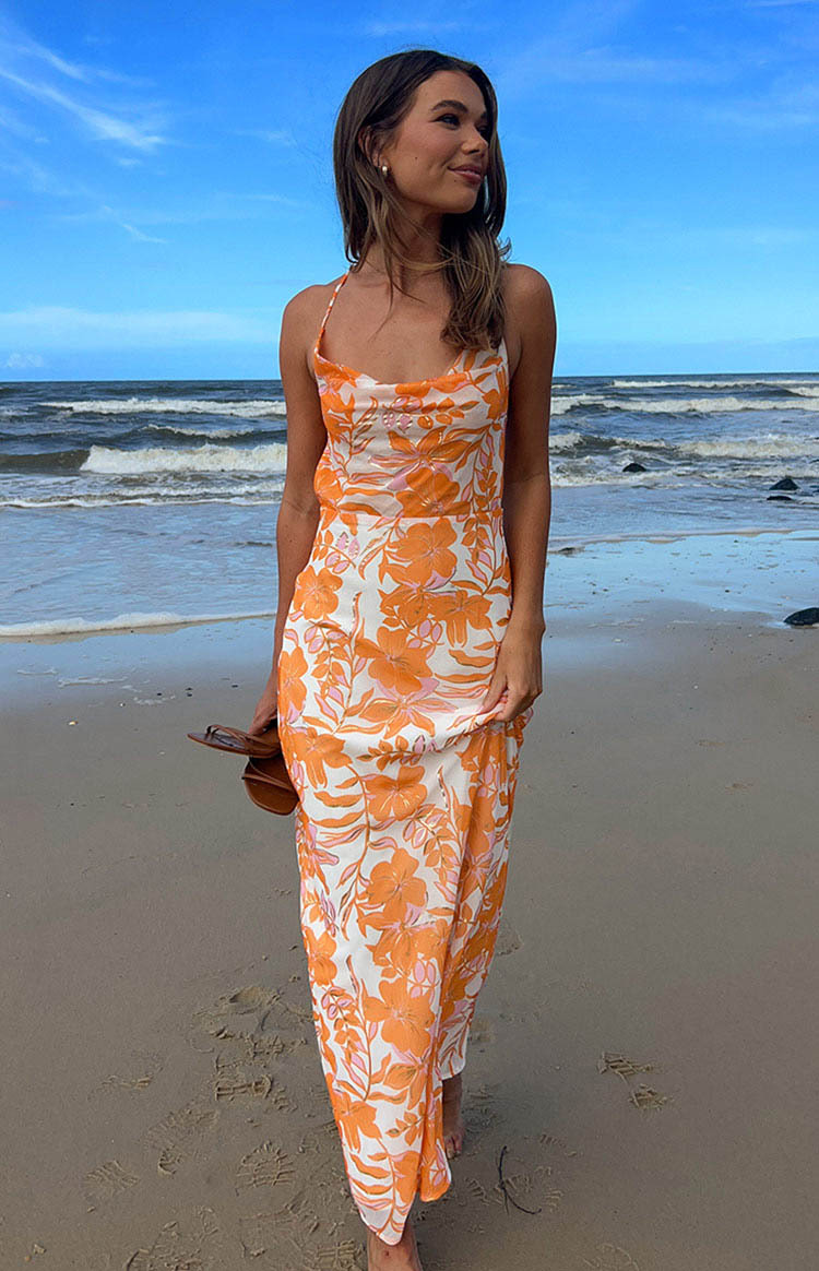 Cambri Orange Floral Chiffon Maxi Dress-Vavasi.All Rights Reserved.