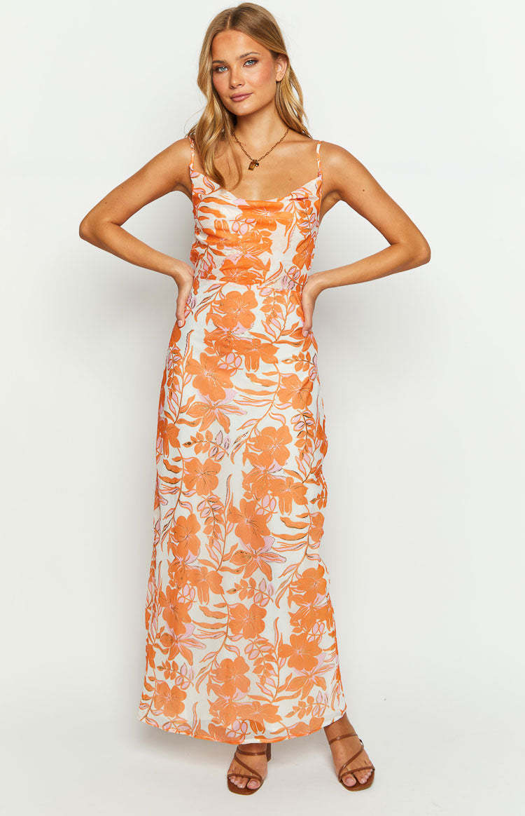 Cambri Orange Floral Chiffon Maxi Dress-Vavasi.All Rights Reserved.