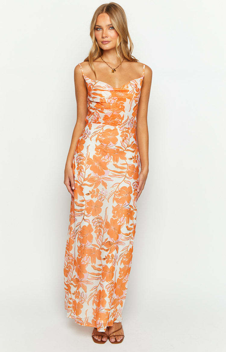 Cambri Orange Floral Chiffon Maxi Dress-Vavasi.All Rights Reserved.