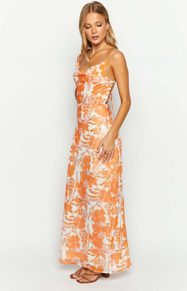 Cambri Orange Floral Chiffon Maxi Dress-Vavasi.All Rights Reserved.