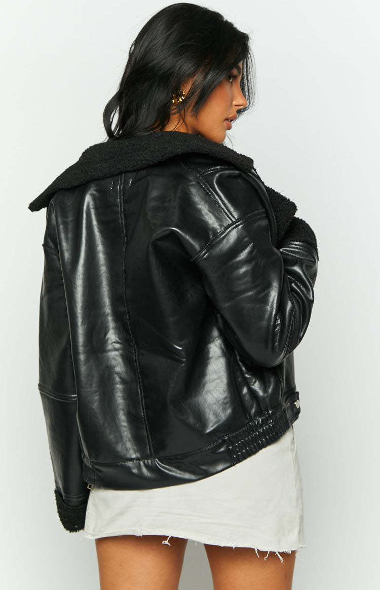Caprani Black PU Shearling Jacket-Vavasi.All Rights Reserved.
