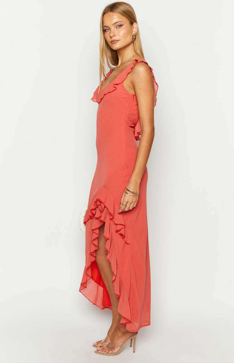 Caribbean Red Ruffle Maxi Dress-Vavasi.All Rights Reserved.