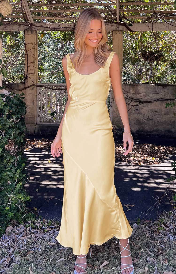 Carnation Yellow Satin Maxi Dress-Vavasi.All Rights Reserved.