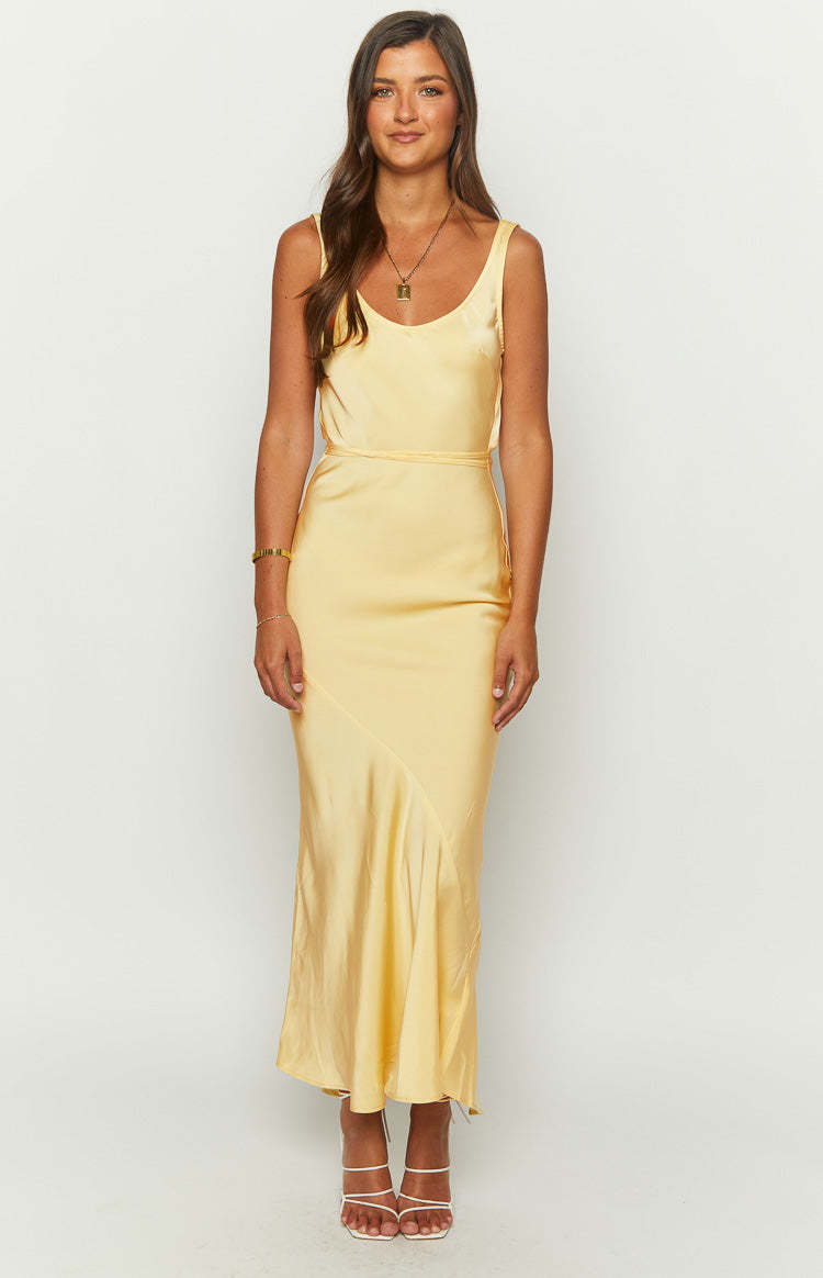 Carnation Yellow Satin Maxi Dress-Vavasi.All Rights Reserved.