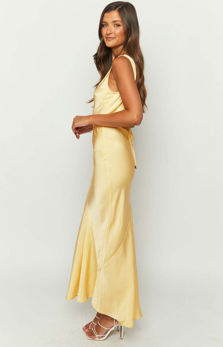 Carnation Yellow Satin Maxi Dress-Vavasi.All Rights Reserved.