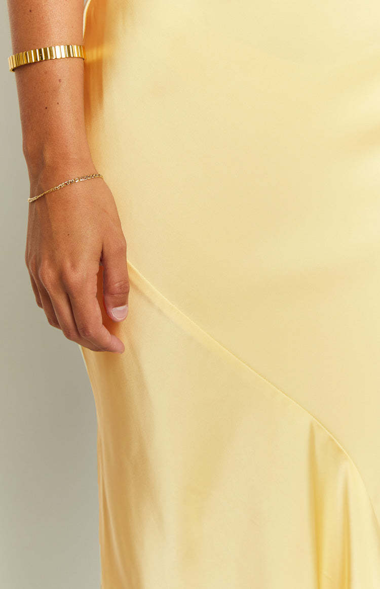 Carnation Yellow Satin Maxi Dress-Vavasi.All Rights Reserved.