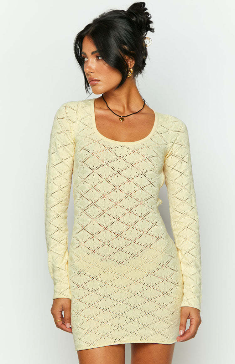 Carrie Yellow Long Sleeve Knit Mini Dress-Vavasi.All Rights Reserved.