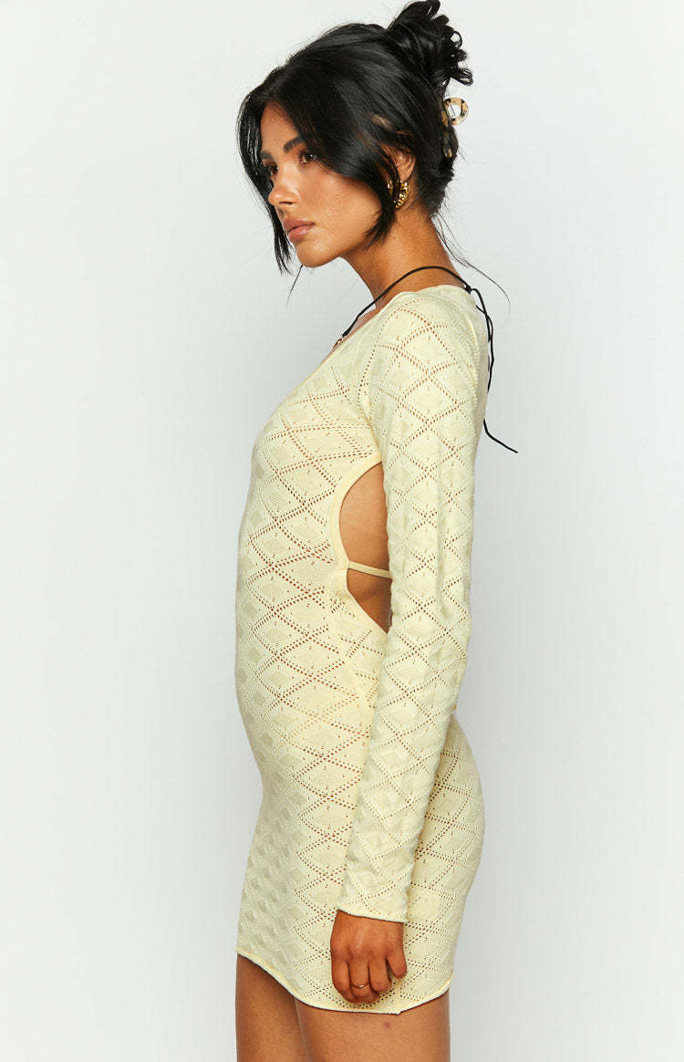 Carrie Yellow Long Sleeve Knit Mini Dress-Vavasi.All Rights Reserved.