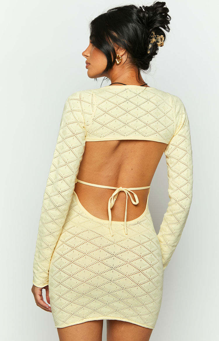 Carrie Yellow Long Sleeve Knit Mini Dress-Vavasi.All Rights Reserved.