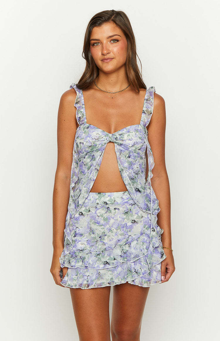 Caspian Purple Floral Print Chiffon Mini Skirt-Vavasi.All Rights Reserved.