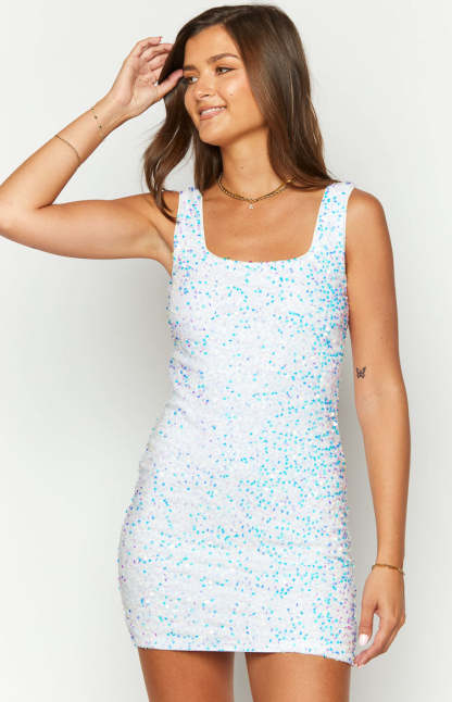 Charming White Sequin Mini Dress-Vavasi.All Rights Reserved.