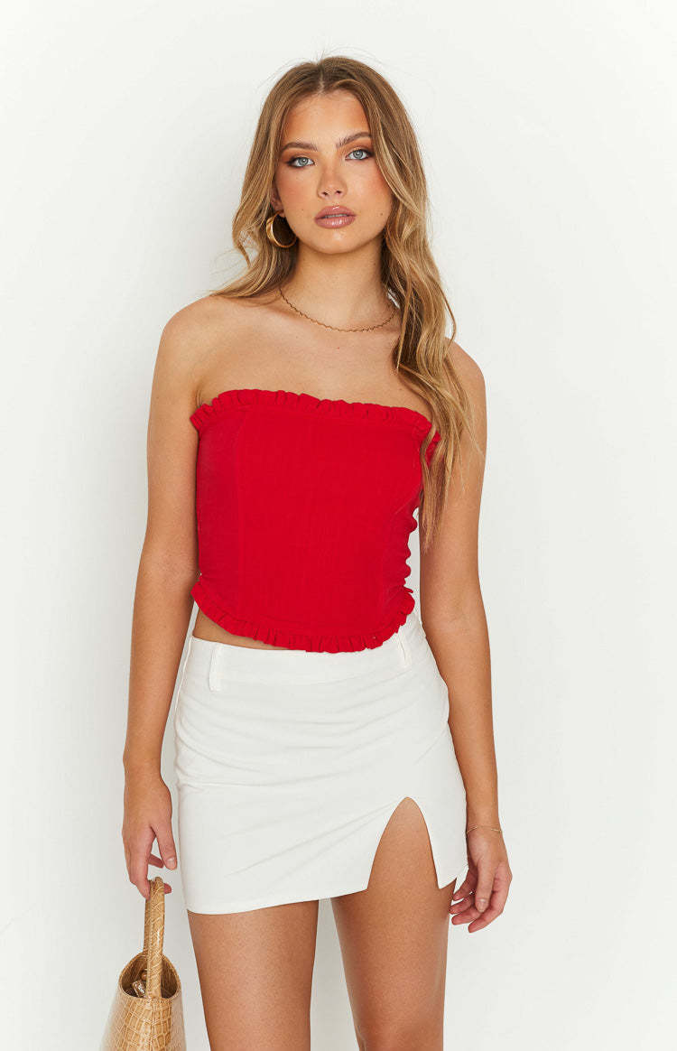 Cherry Red Strapless Corset Top-Vavasi.All Rights Reserved.