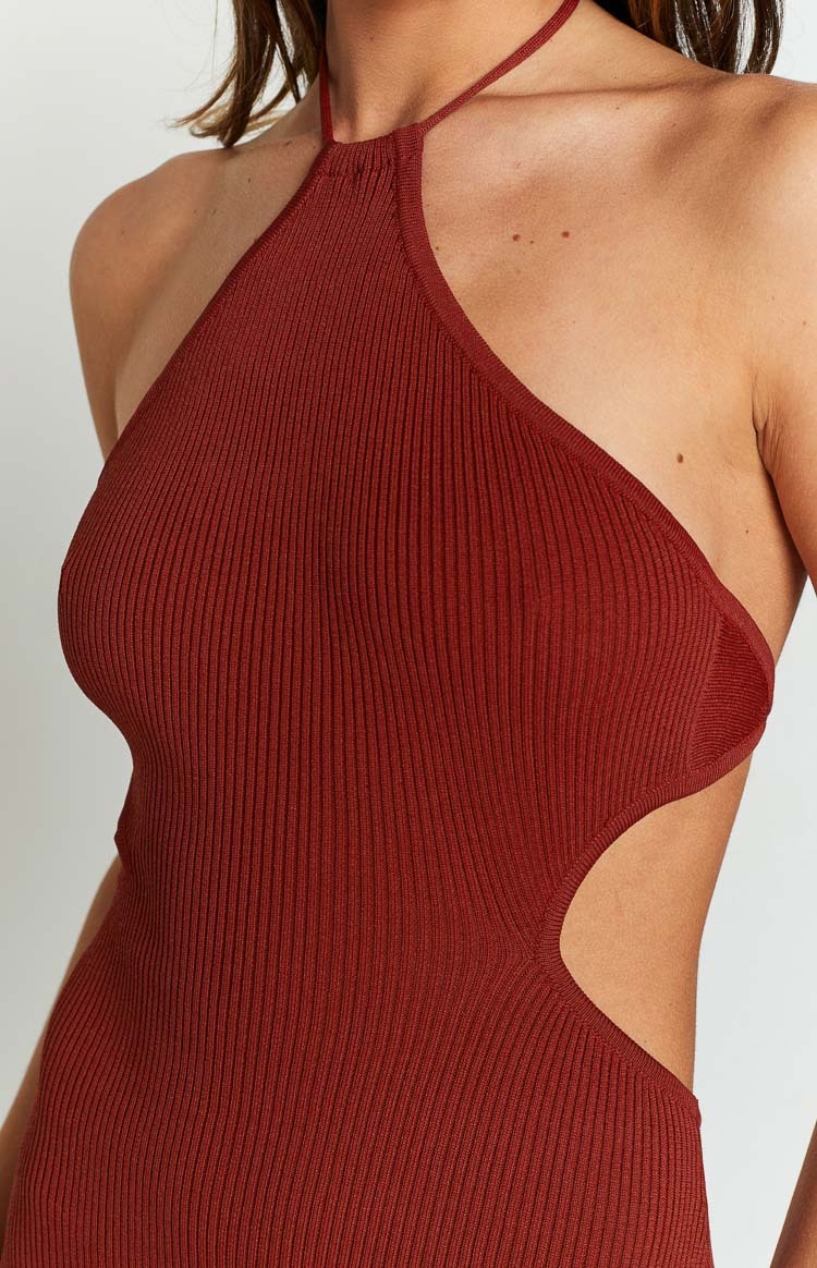 Christina Rust Halter Rib Maxi Dress-Vavasi.All Rights Reserved.