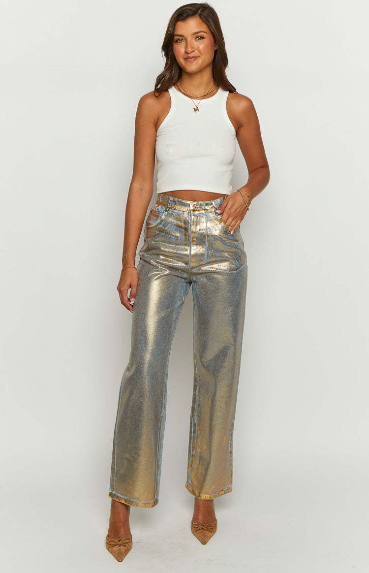 Chrome Cascade Gold Metallic Jeans-Vavasi.All Rights Reserved.