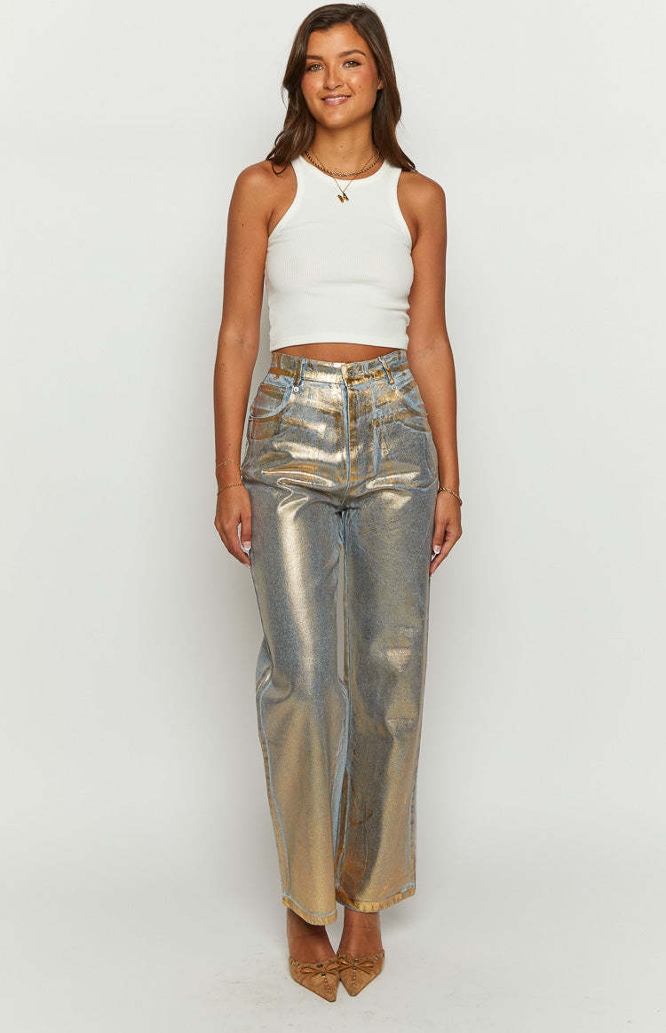 Chrome Cascade Gold Metallic Jeans-Vavasi.All Rights Reserved.