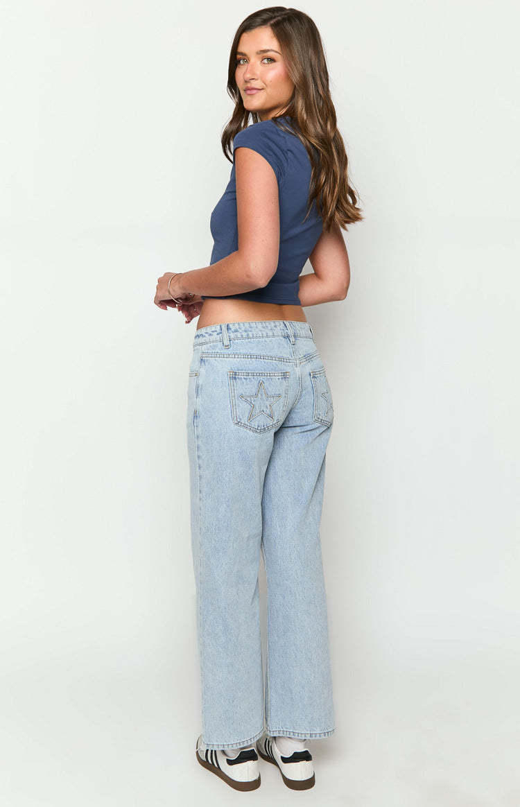 Clara Star Light Wash Denim Low Rise Jeans-Vavasi.All Rights Reserved.