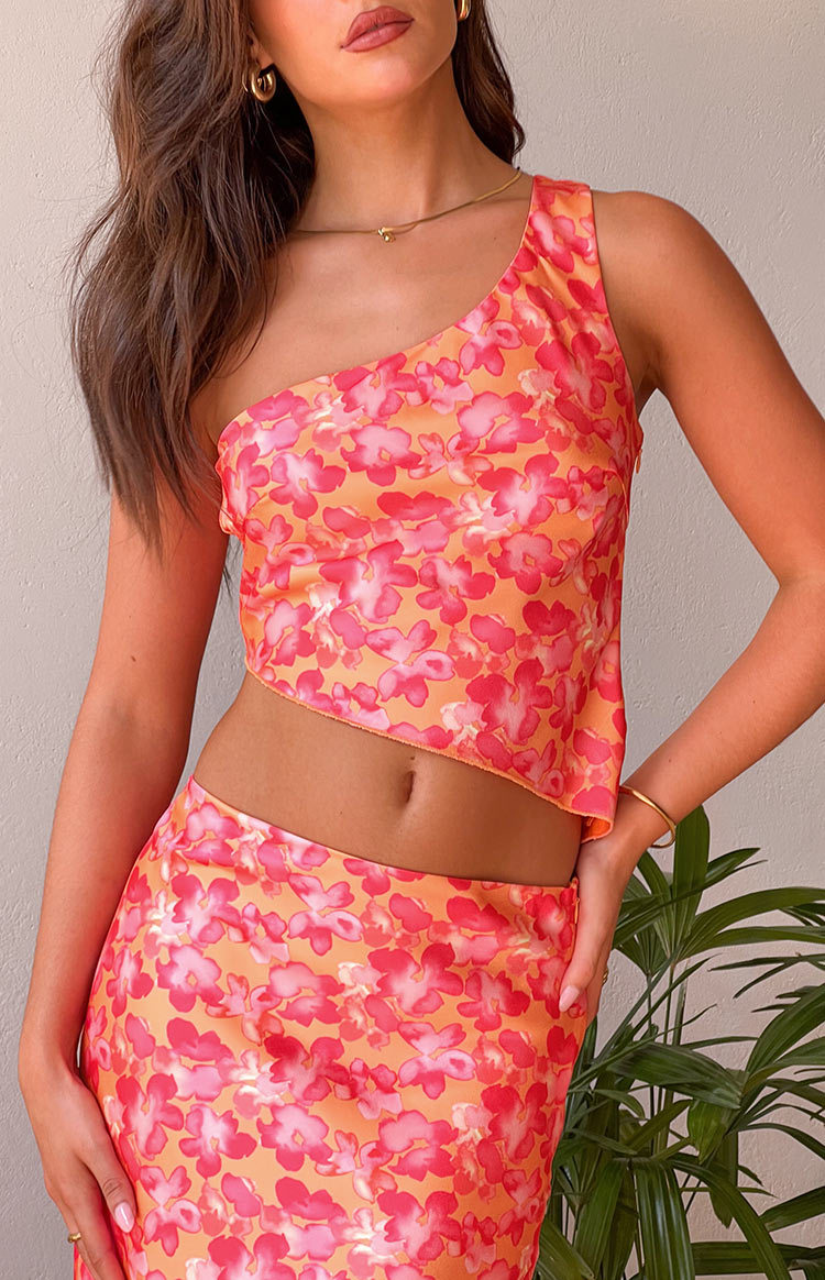 Claudi Orange And Pink Satin One Shoulder Top-Vavasi.All Rights Reserved.